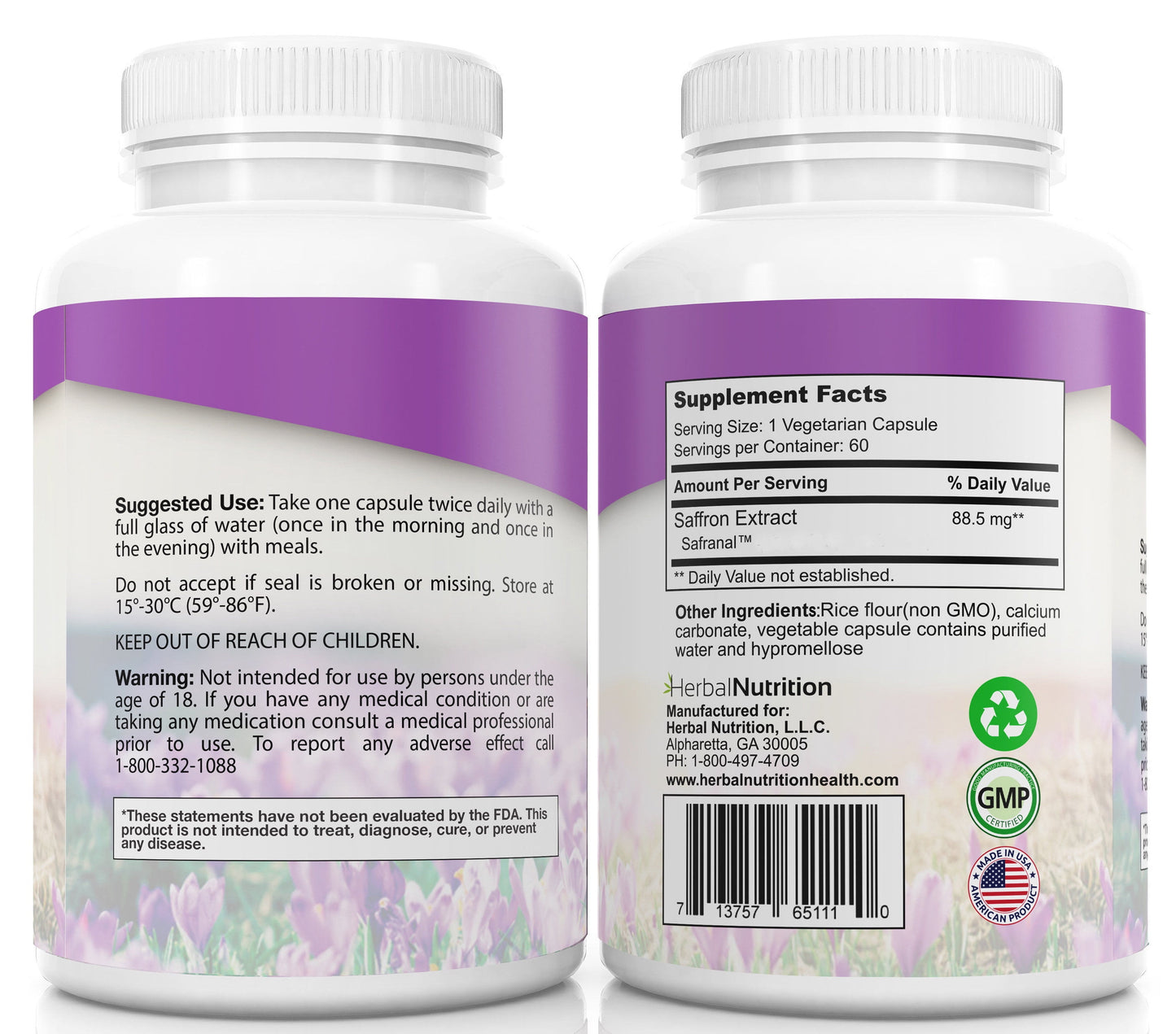 BOGO Sale - Pure Saffron Extract - Two 60 Count Bottles, 88.5Mg per Serving