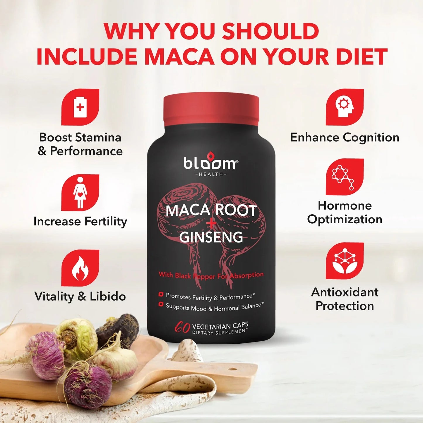 Maca Root + Ginseng Supplement 11400Mg High - Potency 60CT