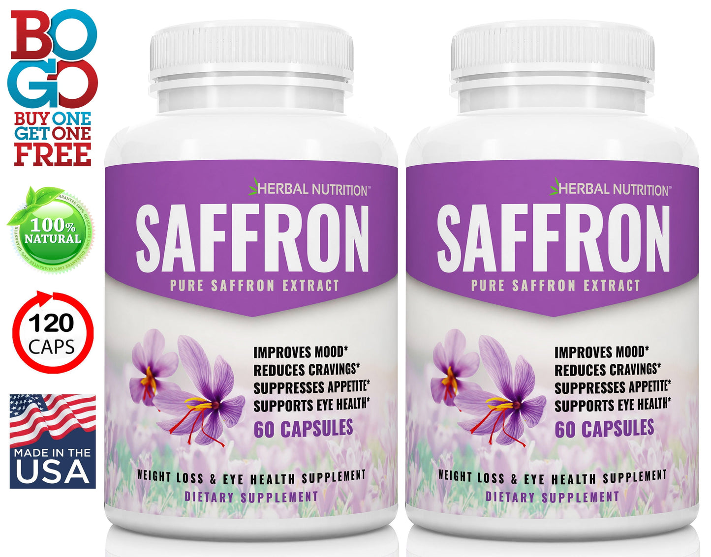 BOGO Sale - Pure Saffron Extract - Two 60 Count Bottles, 88.5Mg per Serving