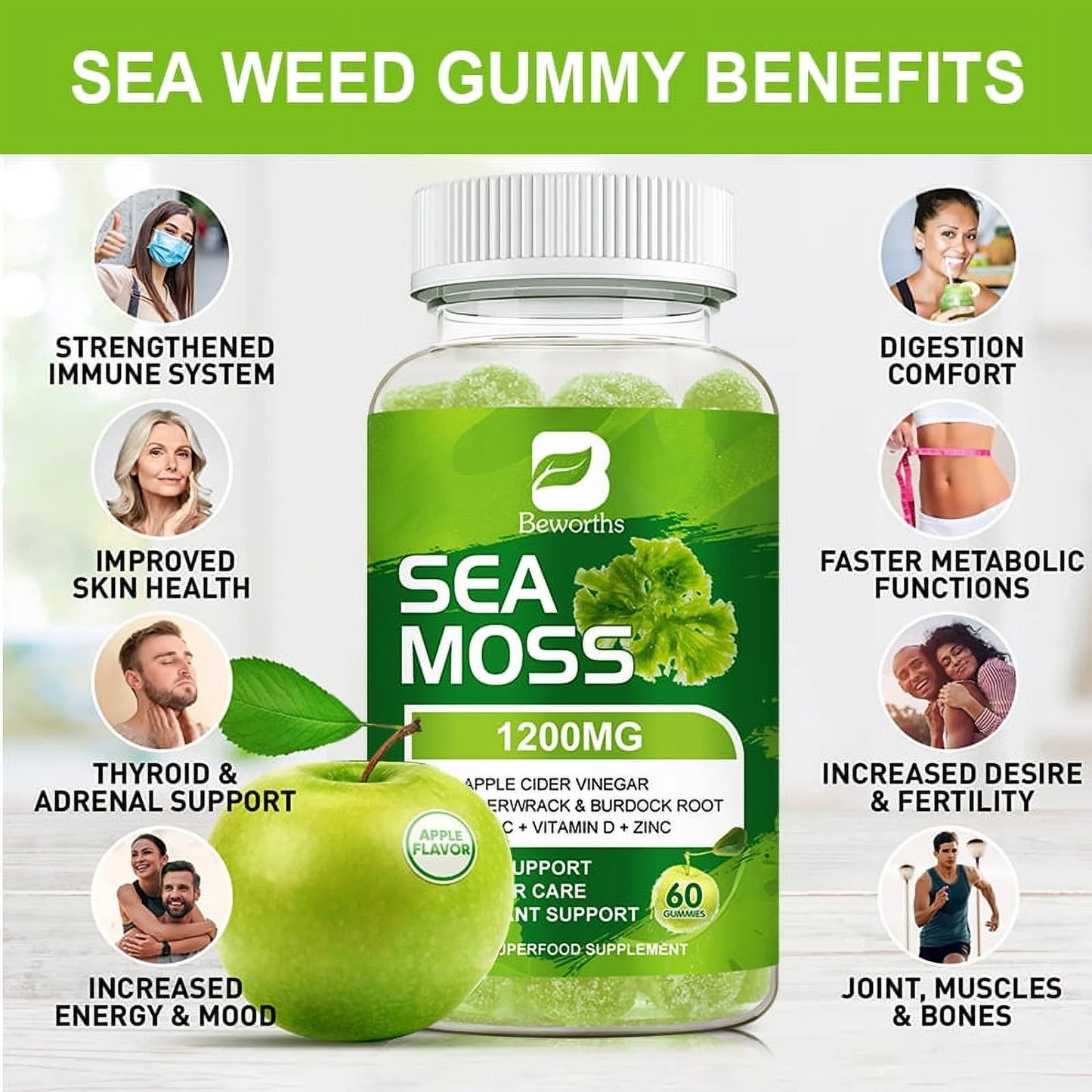 Sea Moss Gummies with Burdock Root + Bladderwrack - Wildcrafted Sea Moss Raw Organic Gummy with Sea Moss - Seamoss Gummies Vegan - 60 Ct