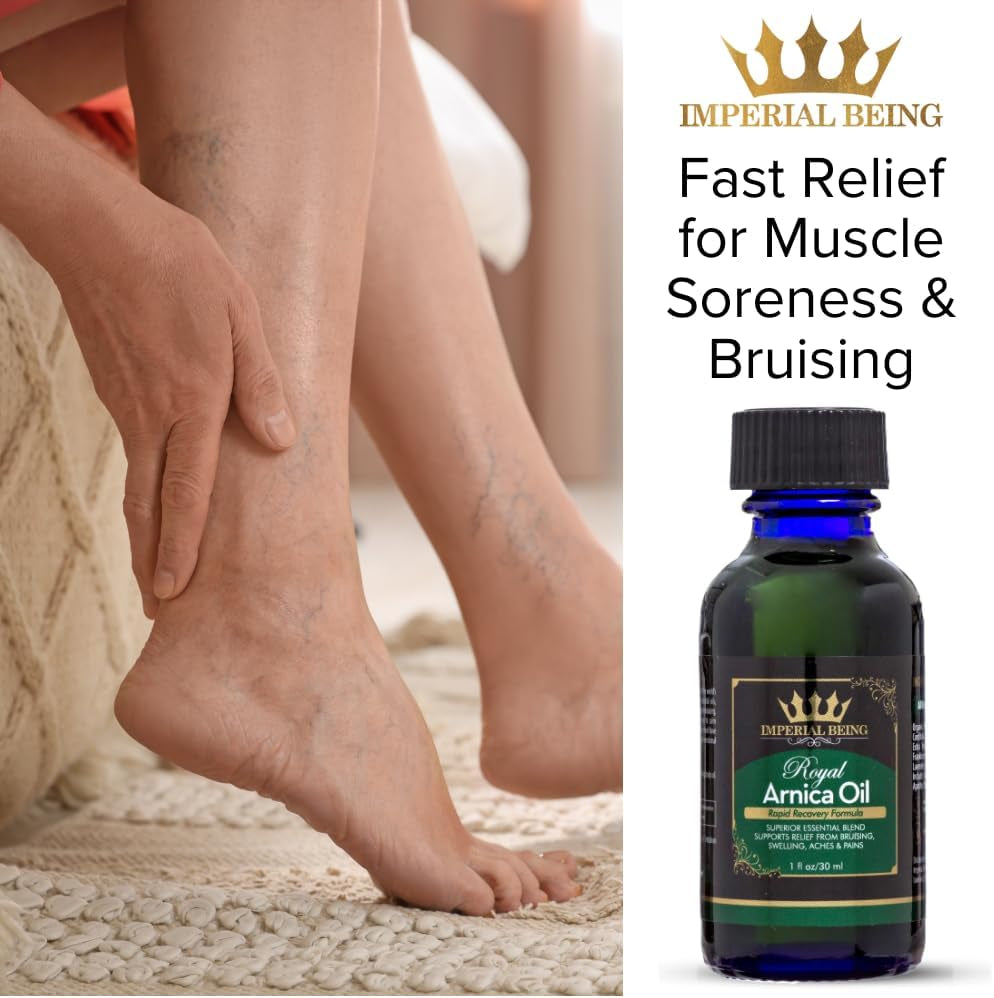 Royal Arnica Oil, Rapid Recovery Formula - Organic Super Premium Herbal Blend with 100% Pure Essential Oils to Relieve Sore Muscles, Bruise Care, Natural Body Therapy, Massage, Trauma, Aches (1Oz)