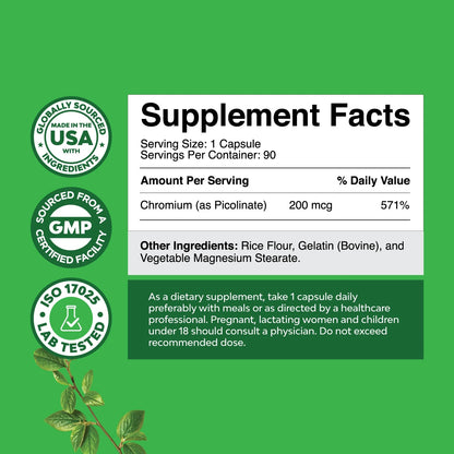 Chromium Picolinate 200Mcg per Serving Mineral Supplements - Natural Chromium Supplement for Sugar Balance Muscle Growth Brain Booster Heart Health - Natural Pre Workout for Men and Women