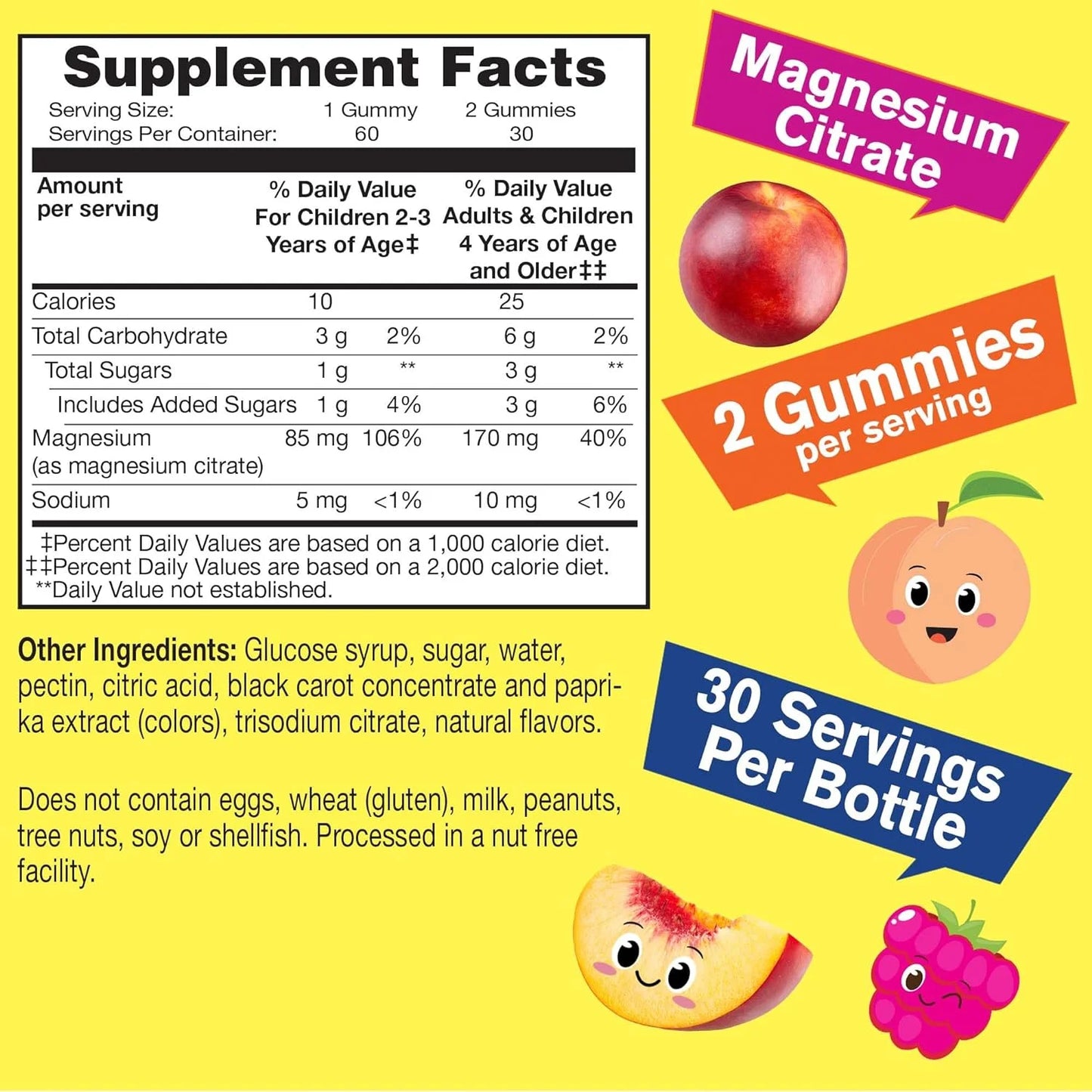 Magnesium Citrate Gummies for Kids - Chewable Stress Relief Supplement for Children - Natural Calm, Mood Support, Non-Gmo, Gluten Free - Natural Fruit Flavors - 60 Gummies