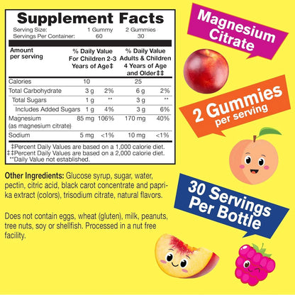 Magnesium Citrate Gummies for Kids - Chewable Stress Relief Supplement for Children - Natural Calm, Mood Support, Non-Gmo, Gluten Free - Natural Fruit Flavors - 60 Gummies