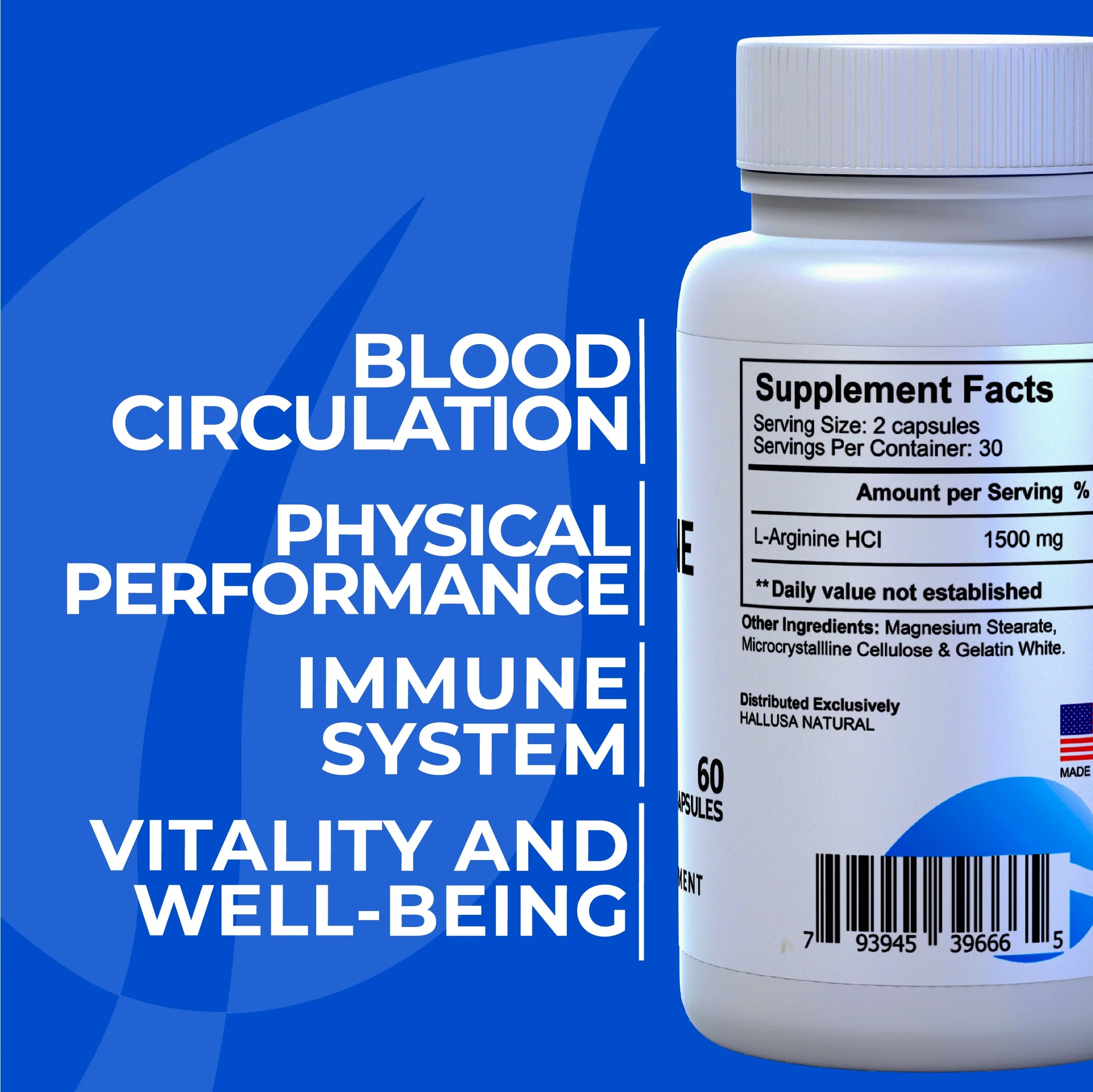 L- Arginine Hcl Supplements 1500 Mg - Amino Acids Supplement - Nitric Oxide Supplements for Men - Amino Energy - Energy Supplements - 60 Capsules