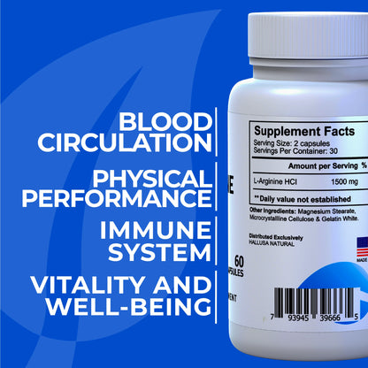 L- Arginine Hcl Supplements 1500 Mg - Amino Acids Supplement - Nitric Oxide Supplements for Men - Amino Energy - Energy Supplements - 60 Capsules