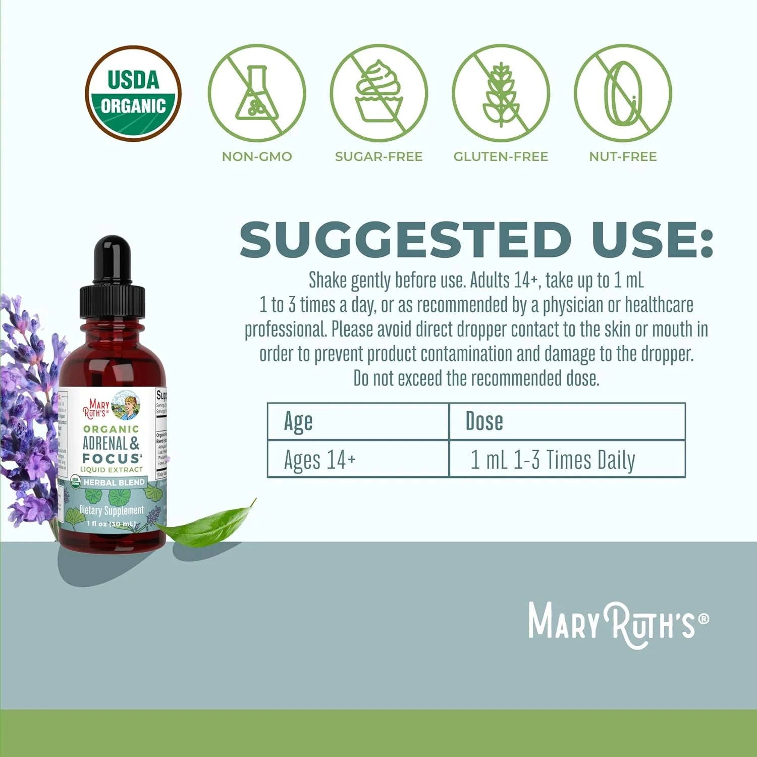USDA Organic Adrenal & Focus Liquid Drops Astragalus Root Herbal Supplement Vegan, Non-Gmo 1 Fl Oz / 30 Ml
