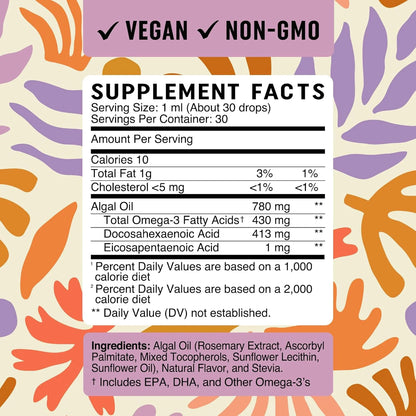 Vegan Omega 3 Liquid Drops for Kids with Algae Oil & Vegan DHA | Immune, Eye, Brain & Joint Support for Children Age 2+ | 1 Fl Oz, 30 Servings