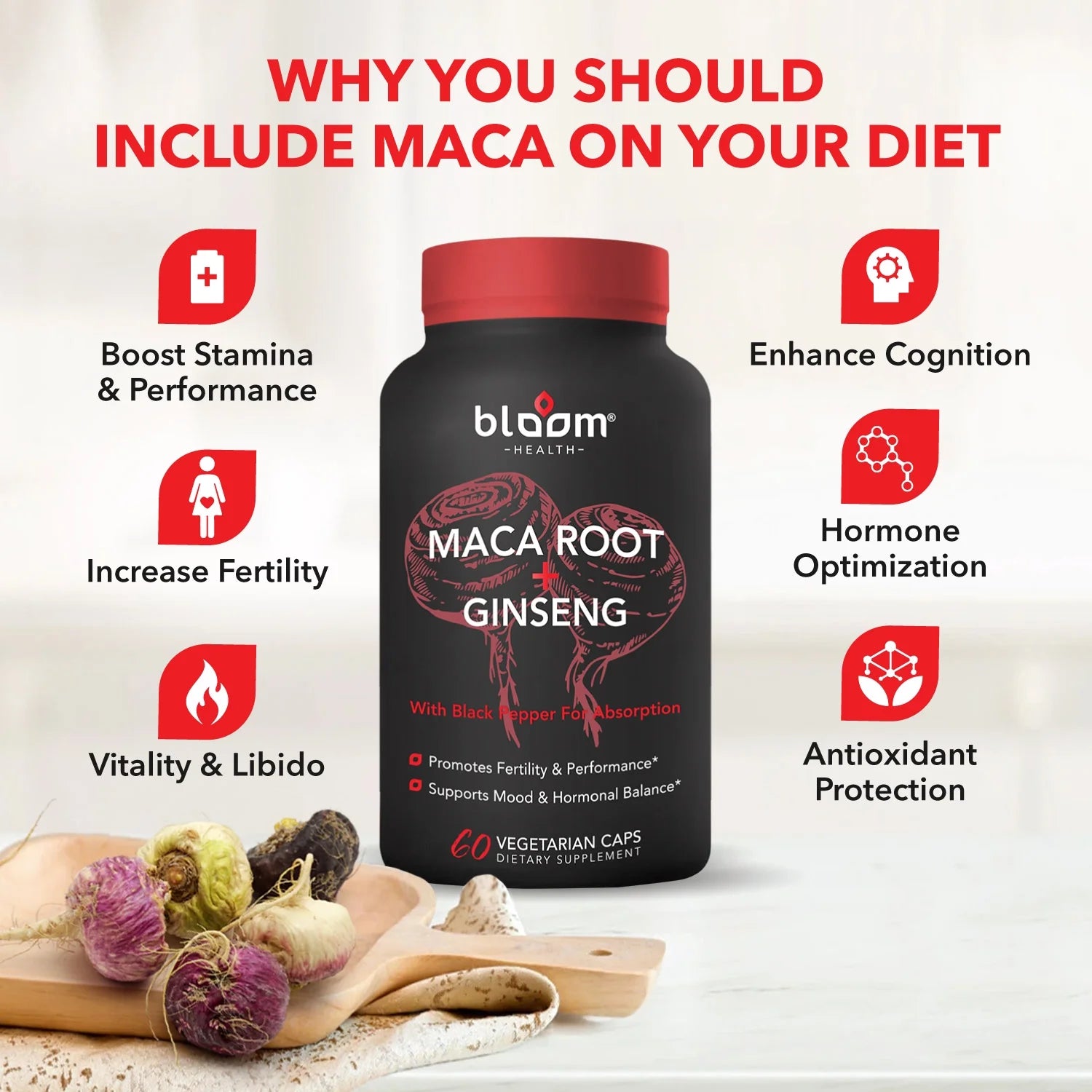 Maca Root + Ginseng Supplement 11400Mg High - Potency 60CT