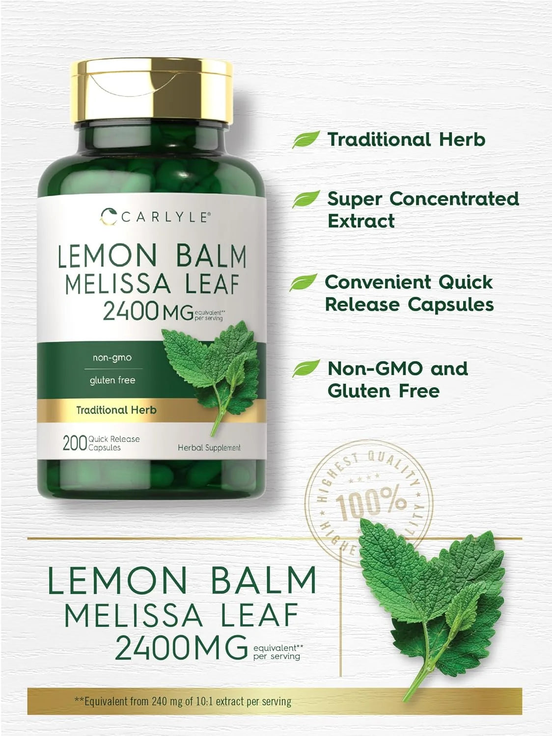 Melissa Lemon Balm 2400Mg | 200 Capsules | Concentrated Extract for Men and Women | by