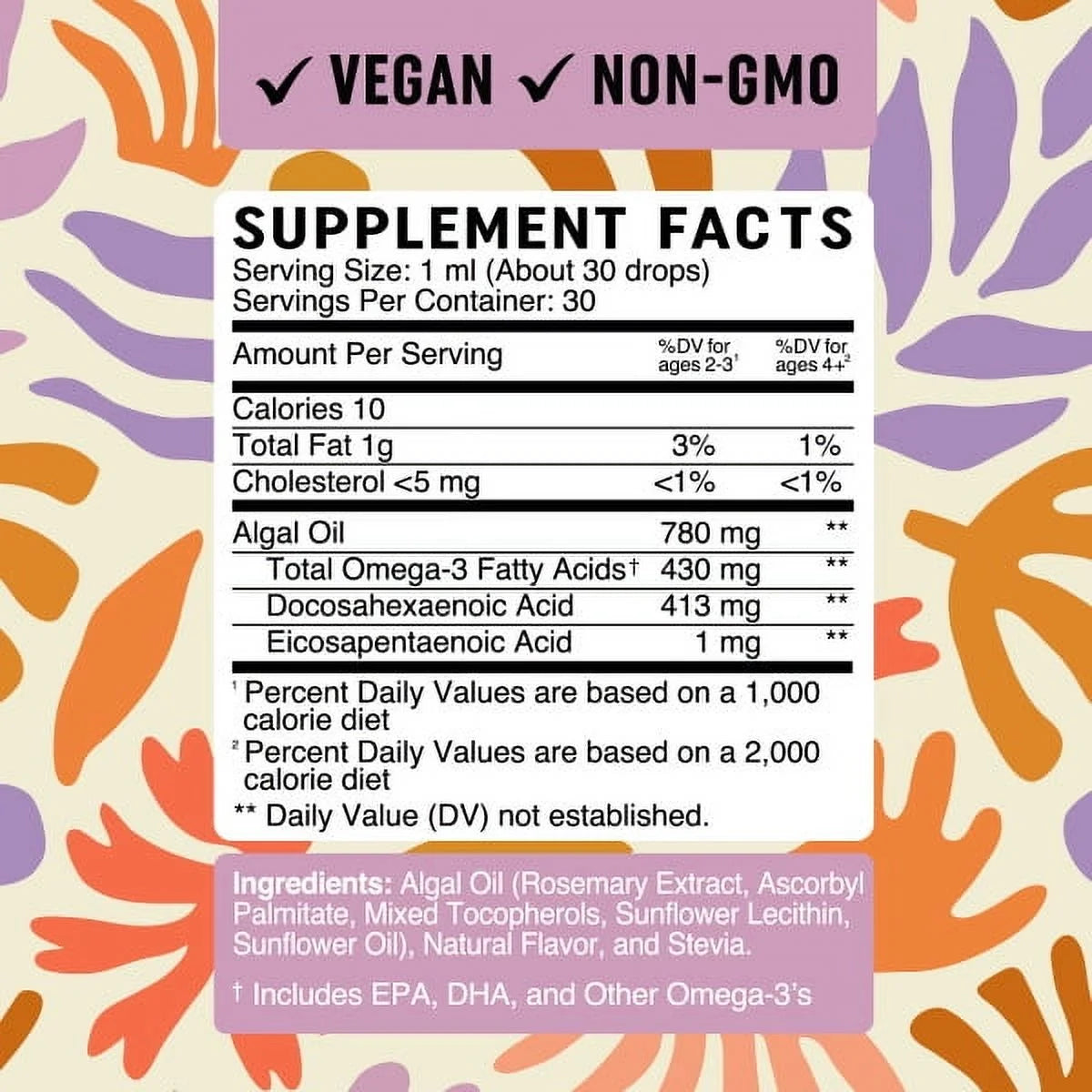 Vegan Omega 3 Liquid Drops for Kids with Algae Oil & Vegan DHA | Immune, Eye, Brain & Joint Support for Children Age 2+ | 1 Fl Oz, 30 Servings