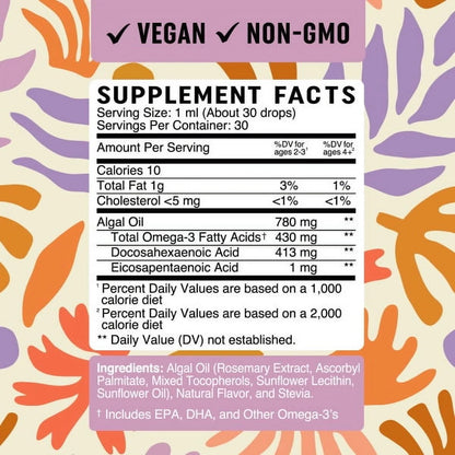 Vegan Omega 3 Liquid Drops for Kids with Algae Oil & Vegan DHA | Immune, Eye, Brain & Joint Support for Children Age 2+ | 1 Fl Oz, 30 Servings