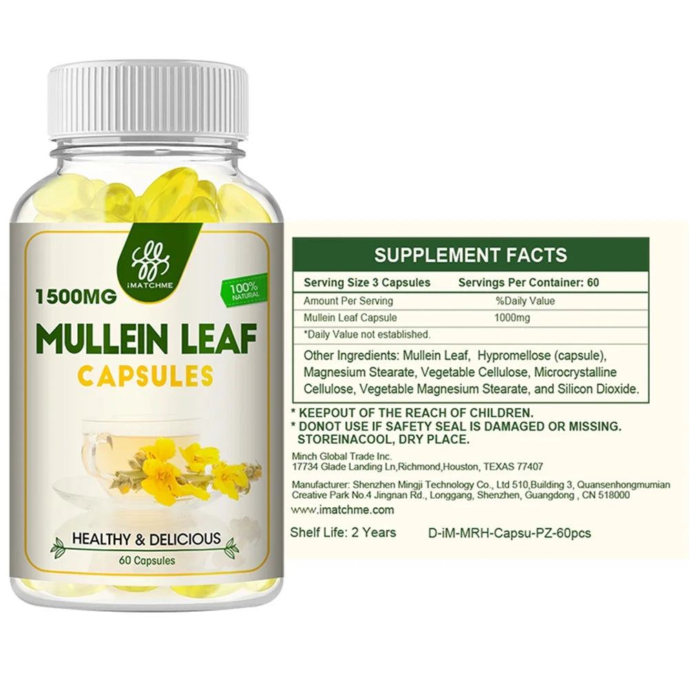 Natural Mullein Leaf Capsules Herbal Supplement 1500 Mg | 60 Capsules | Non-Gmo, Gluten Free | Health Support