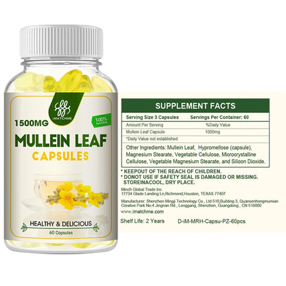Natural Mullein Leaf Capsules Herbal Supplement 1500 Mg | 60 Capsules | Non-Gmo, Gluten Free | Health Support