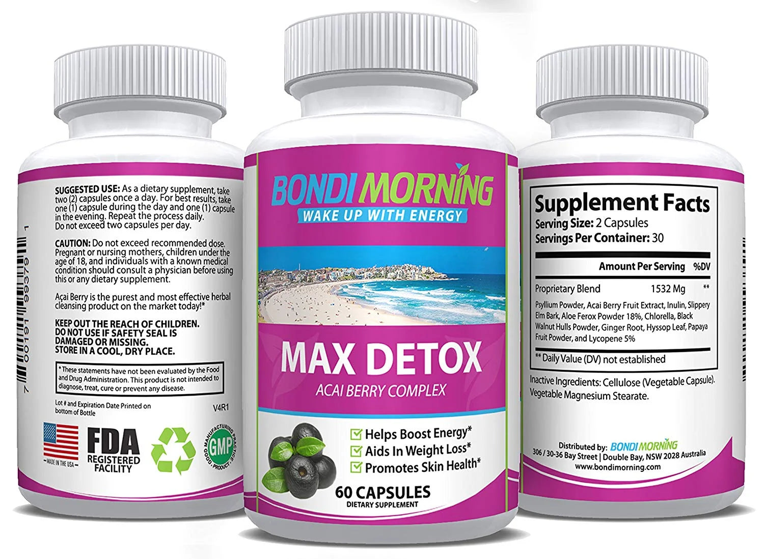 Max Detox Dietary Supplement – Pure Herbal Ingredients, Acai Berry, Papaya & Ginger, Promotes Colon Cleansing & Removes Toxins – 60 Capsules
