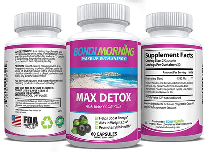 Max Detox Dietary Supplement – Pure Herbal Ingredients, Acai Berry, Papaya & Ginger, Promotes Colon Cleansing & Removes Toxins – 60 Capsules