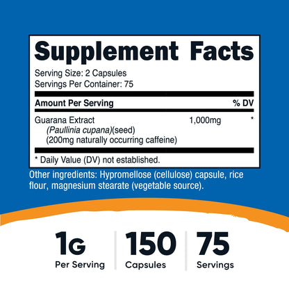 Guarana 1000Mg, 150 Vegetarian Capsules - Vegan Natural Herbal Brazilian Caffeine Supplement