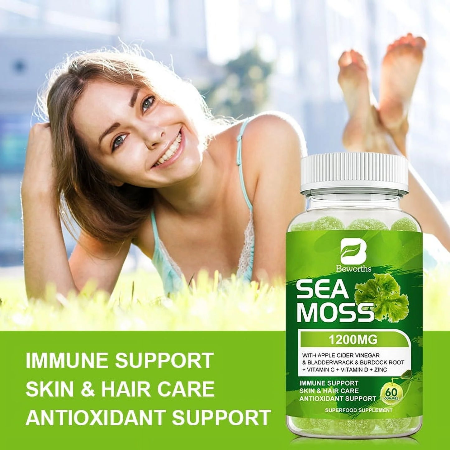 Sea Moss Gummies with Burdock Root + Bladderwrack - Wildcrafted Sea Moss Raw Organic Gummy with Sea Moss - Seamoss Gummies Vegan - 60 Ct