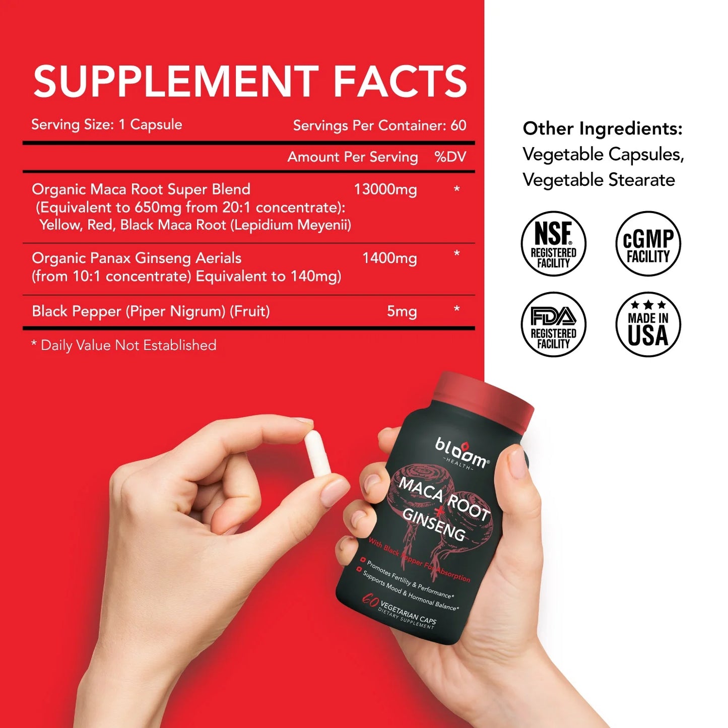 Maca Root + Ginseng Supplement 11400Mg High - Potency 60CT