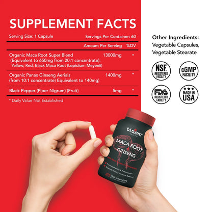 Maca Root + Ginseng Supplement 11400Mg High - Potency 60CT