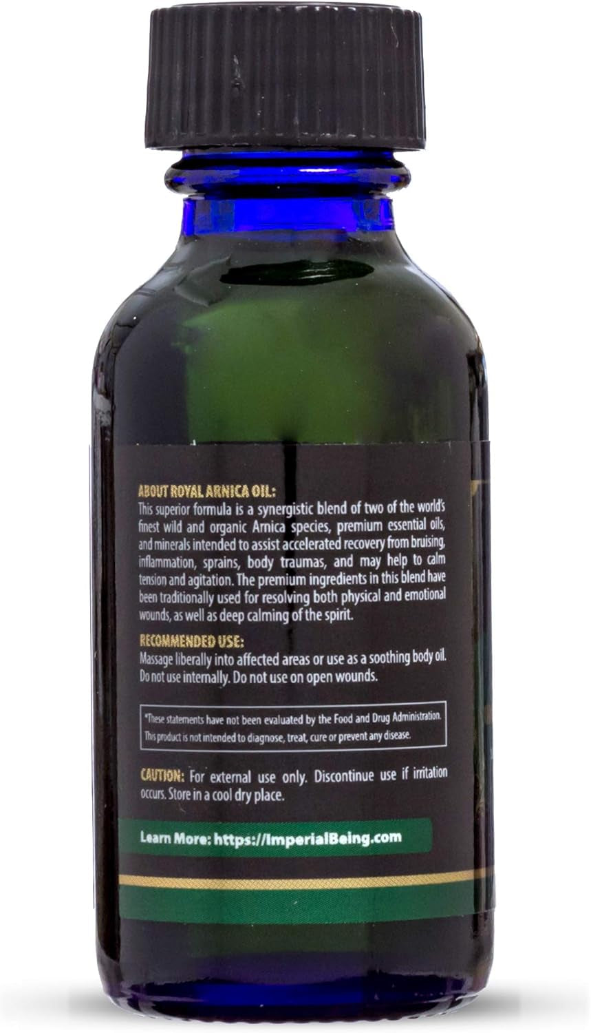 Royal Arnica Oil, Rapid Recovery Formula - Organic Super Premium Herbal Blend with 100% Pure Essential Oils to Relieve Sore Muscles, Bruise Care, Natural Body Therapy, Massage, Trauma, Aches (1Oz)