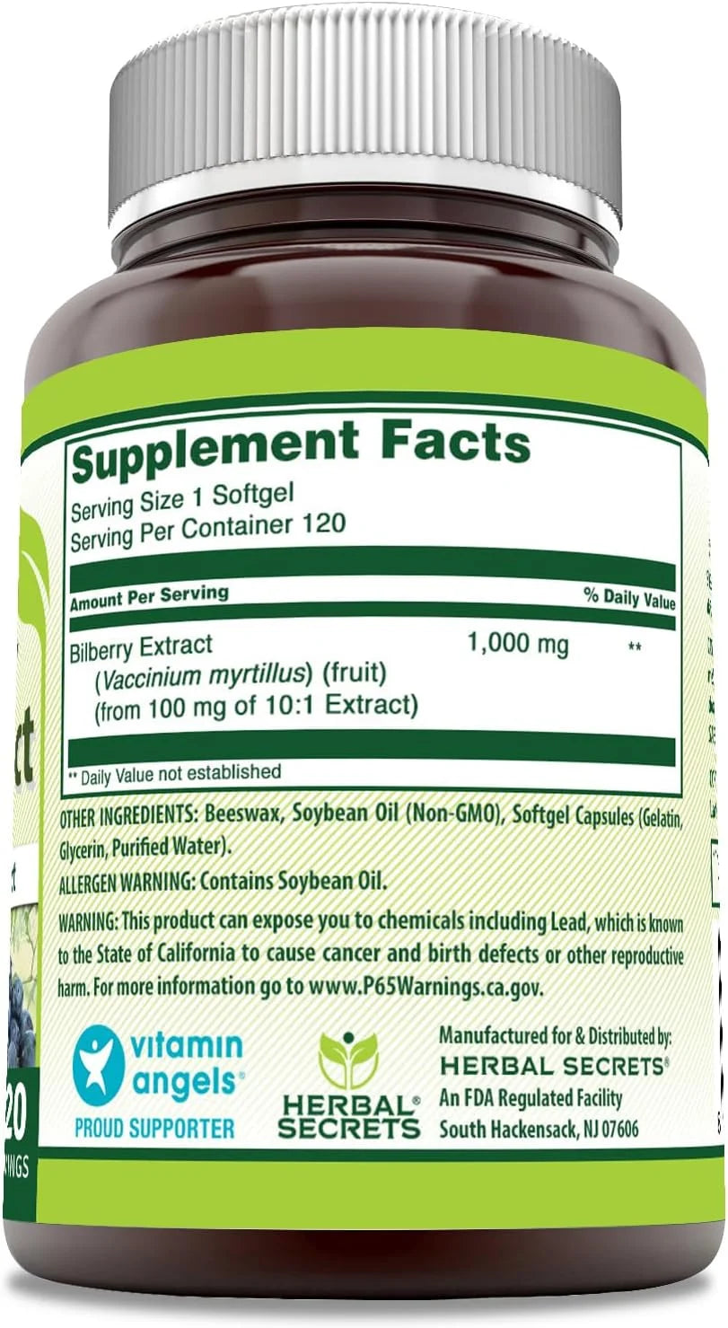 Bilberry Extract Supplement 1000 Mg 120 Softgels