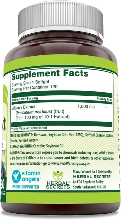 Bilberry Extract Supplement 1000 Mg 120 Softgels