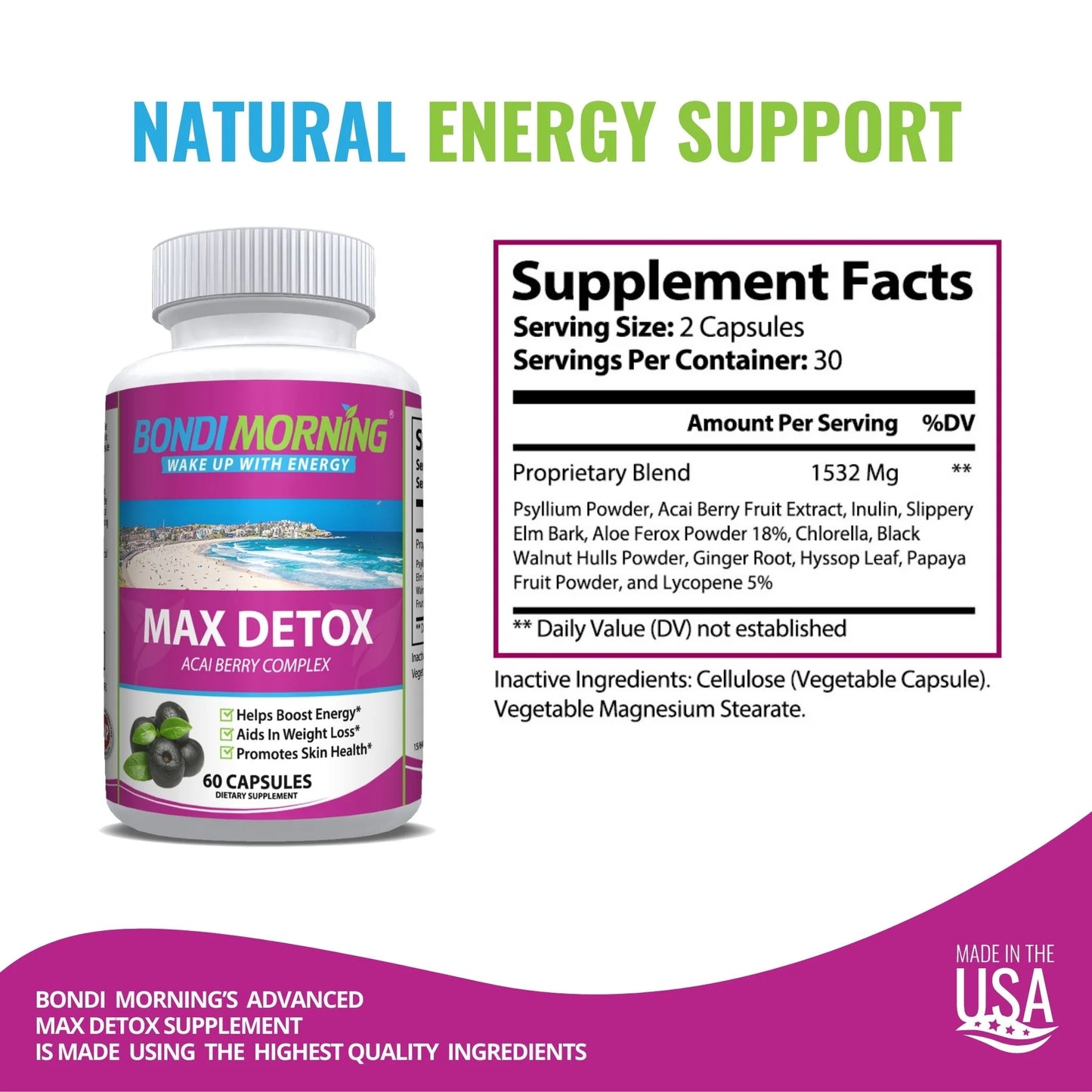 Max Detox Dietary Supplement – Pure Herbal Ingredients, Acai Berry, Papaya & Ginger, Promotes Colon Cleansing & Removes Toxins – 60 Capsules