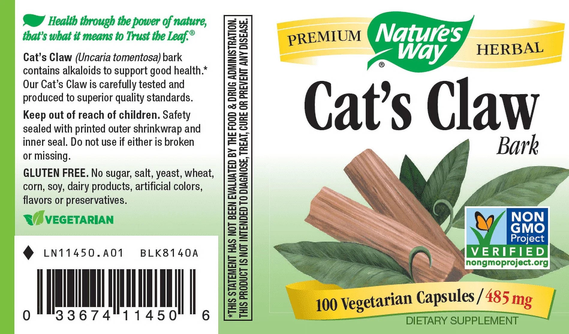 Cats Claw Bark 485 Mg Vegetarian Capsules, 100 Ct