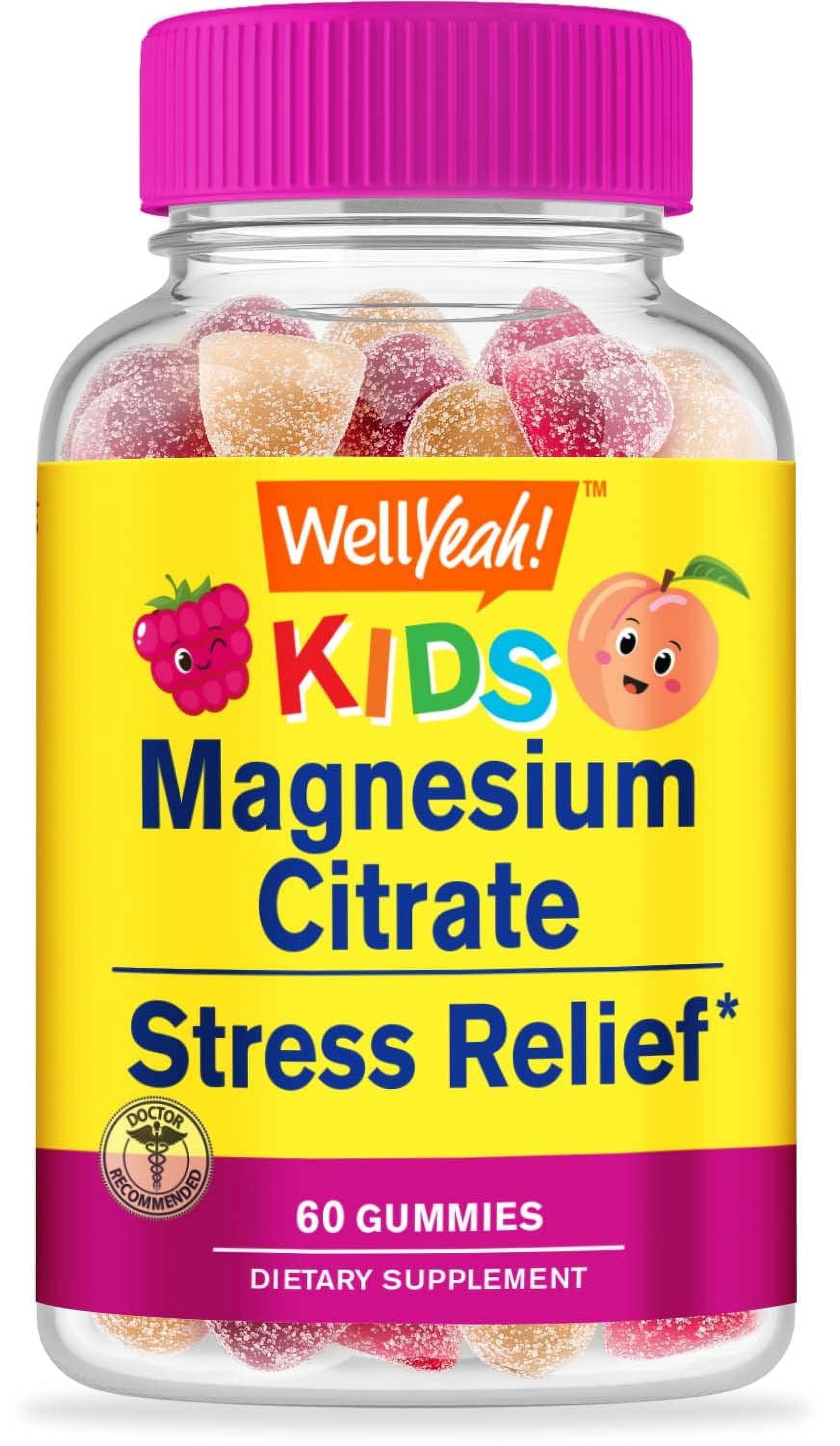 Magnesium Citrate Gummies for Kids - Chewable Stress Relief Supplement for Children - Natural Calm, Mood Support, Non-Gmo, Gluten Free - Natural Fruit Flavors - 60 Gummies