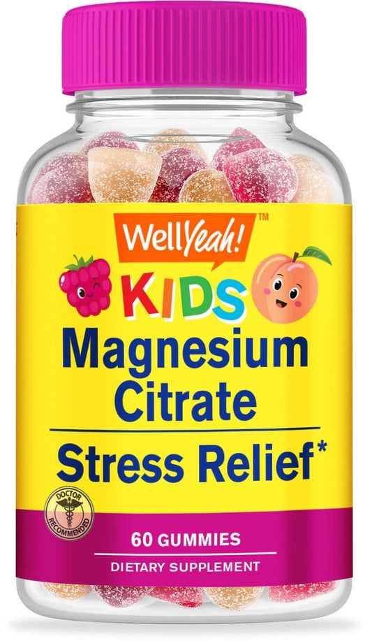 Magnesium Citrate Gummies for Kids - Chewable Stress Relief Supplement for Children - Natural Calm, Mood Support, Non-Gmo, Gluten Free - Natural Fruit Flavors - 60 Gummies