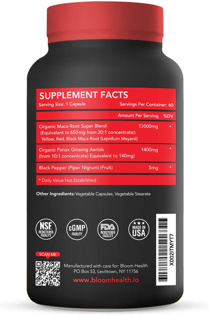Maca Root + Ginseng Supplement 11400Mg High - Potency 60CT