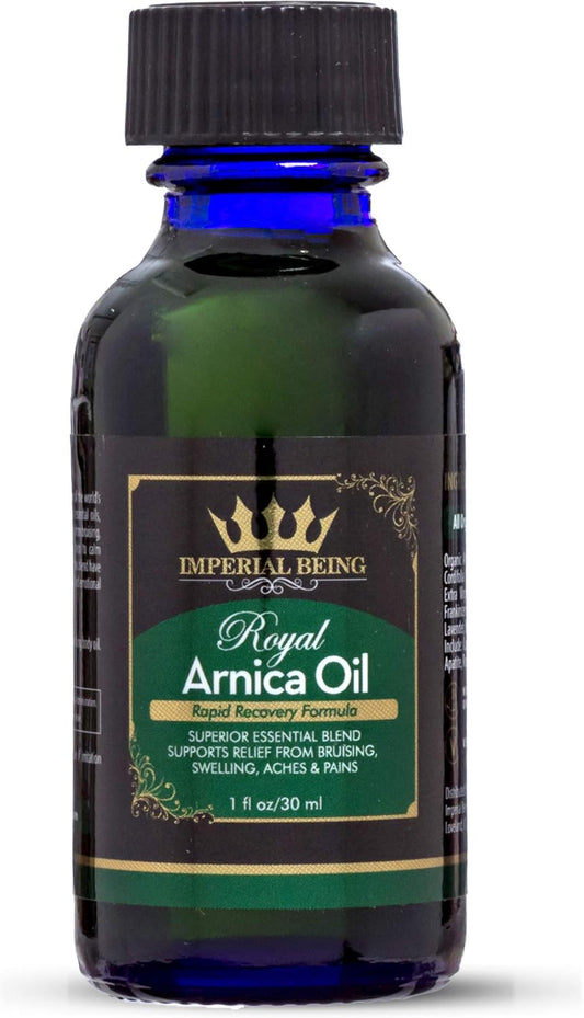 Royal Arnica Oil, Rapid Recovery Formula - Organic Super Premium Herbal Blend with 100% Pure Essential Oils to Relieve Sore Muscles, Bruise Care, Natural Body Therapy, Massage, Trauma, Aches (1Oz)