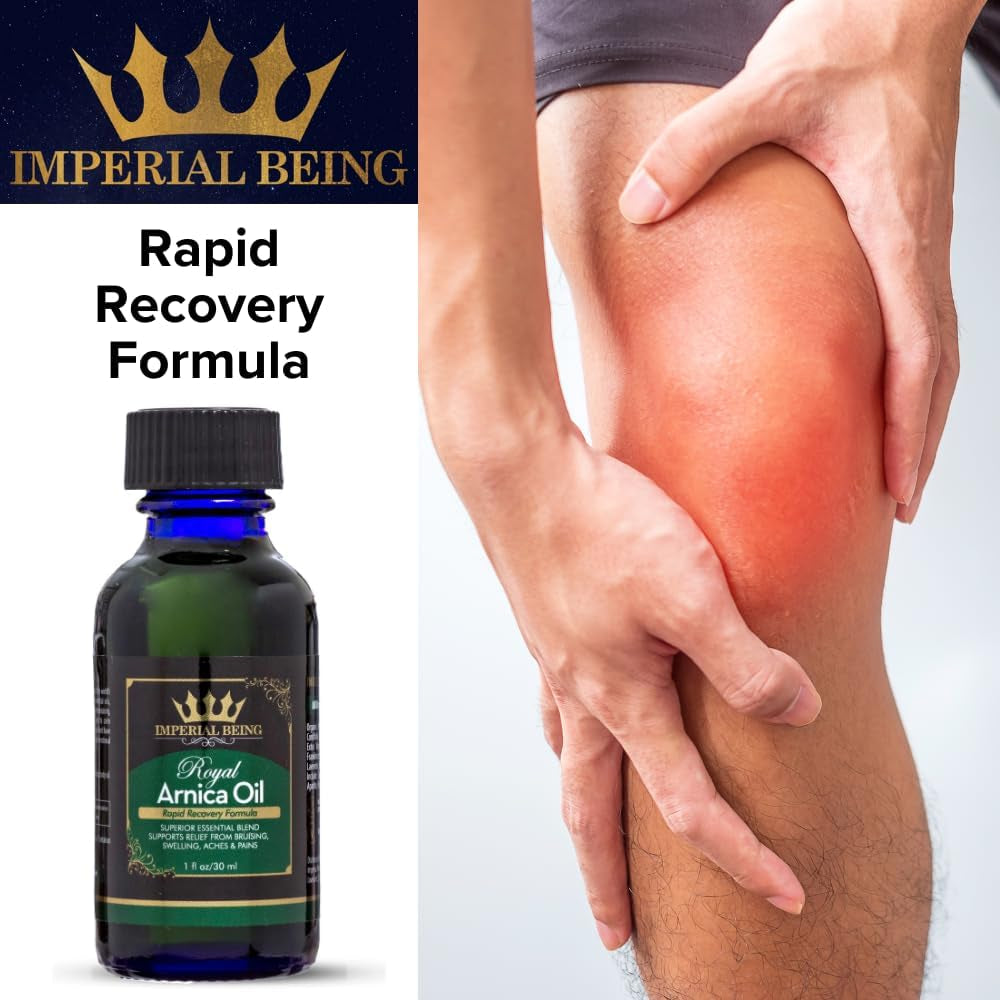 Royal Arnica Oil, Rapid Recovery Formula - Organic Super Premium Herbal Blend with 100% Pure Essential Oils to Relieve Sore Muscles, Bruise Care, Natural Body Therapy, Massage, Trauma, Aches (1Oz)
