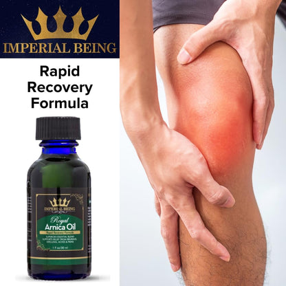 Royal Arnica Oil, Rapid Recovery Formula - Organic Super Premium Herbal Blend with 100% Pure Essential Oils to Relieve Sore Muscles, Bruise Care, Natural Body Therapy, Massage, Trauma, Aches (1Oz)
