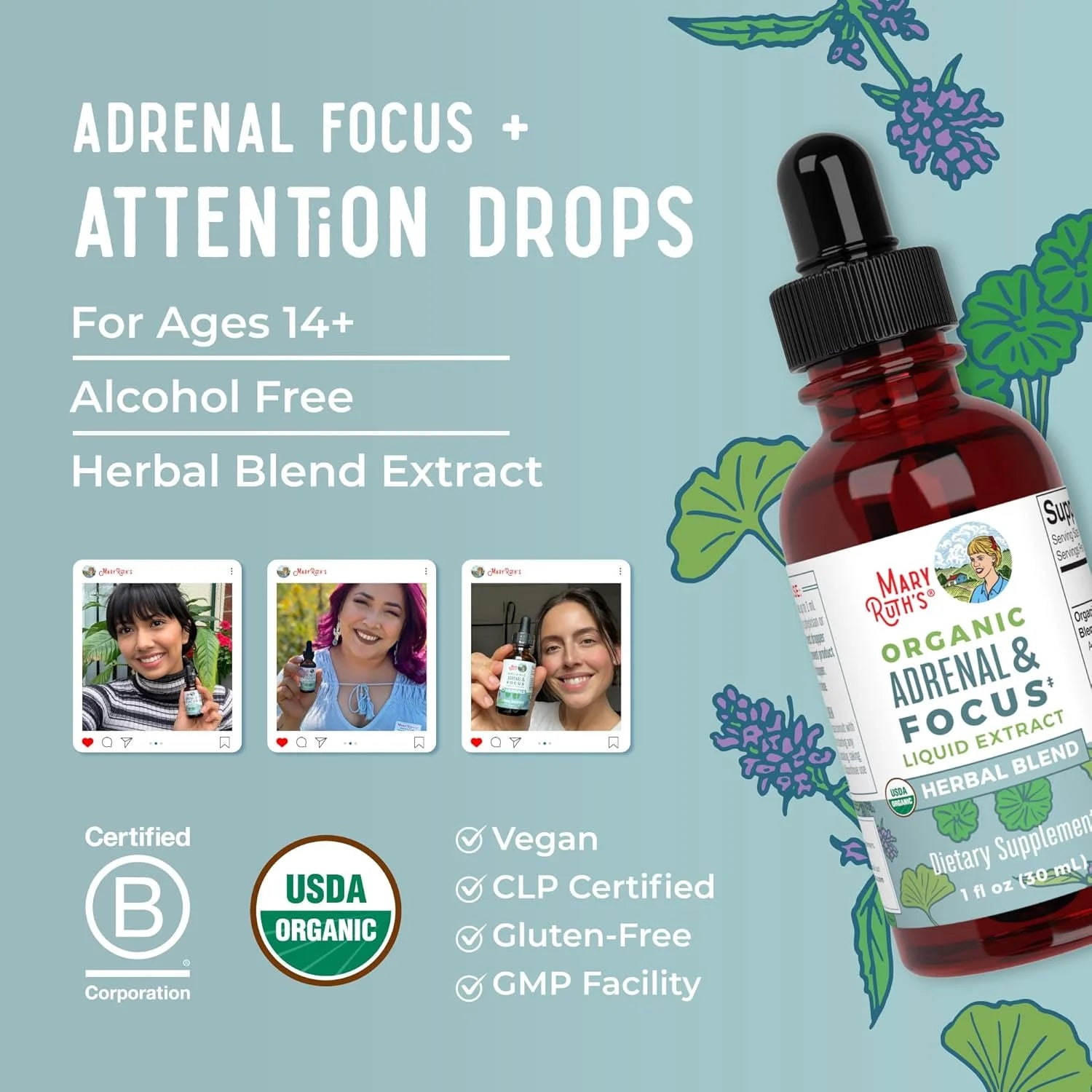 USDA Organic Adrenal & Focus Liquid Drops Astragalus Root Herbal Supplement Vegan, Non-Gmo 1 Fl Oz / 30 Ml