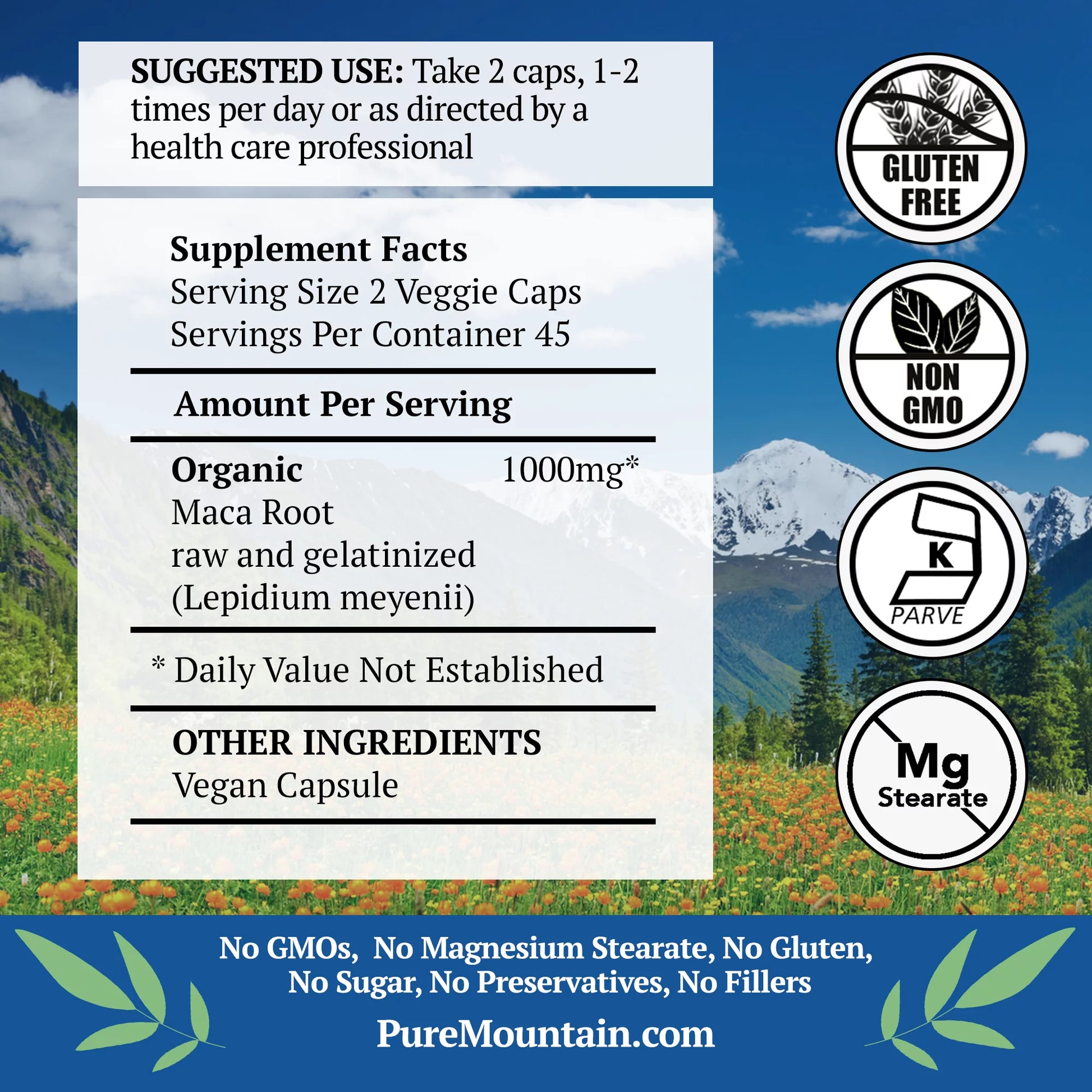Maca Root Capsules Kosher Vegan Herbal Supplements Brown Glass Bottle (90 Caps) (1000 Mg)
