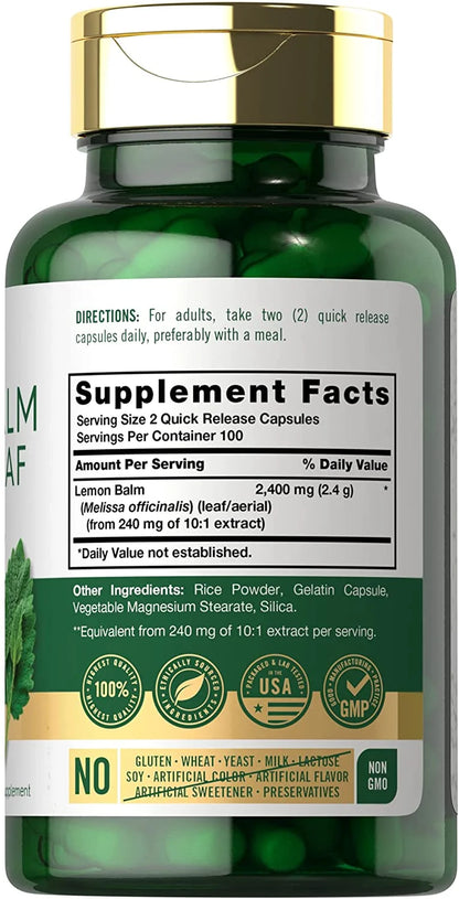 Melissa Lemon Balm 2400Mg | 200 Capsules | Concentrated Extract for Men and Women | by