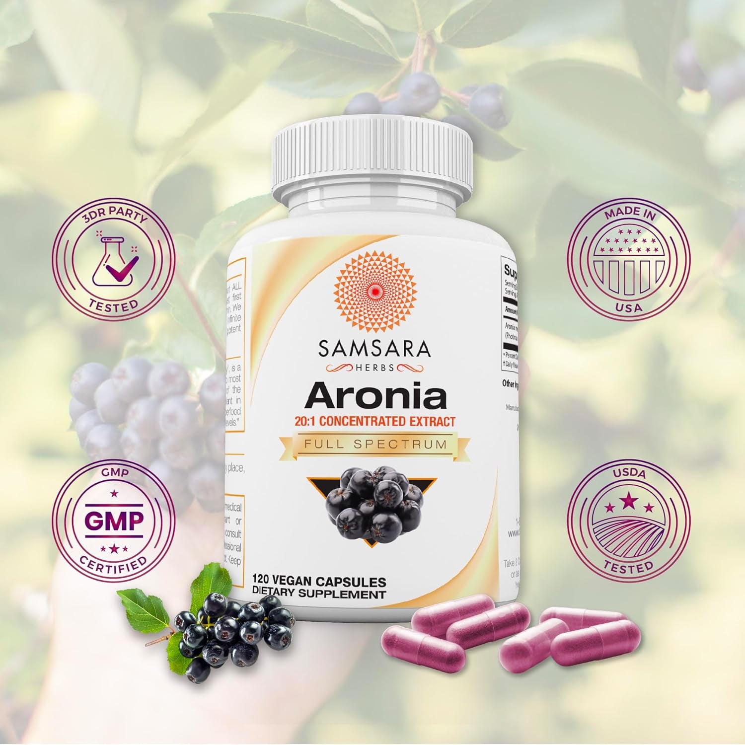 Aronia Berry 20:1 Extract (120X500Mg Capsules) - Antioxidant, Flavonoids and Pol