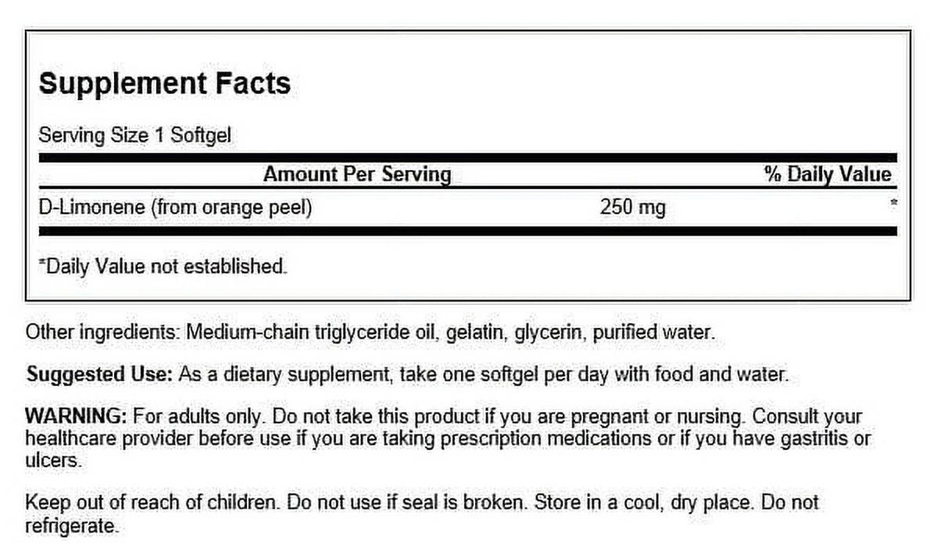 D-Limonene Cold-Pressed Orange Peel Extract 250 Mg 60 Softgels