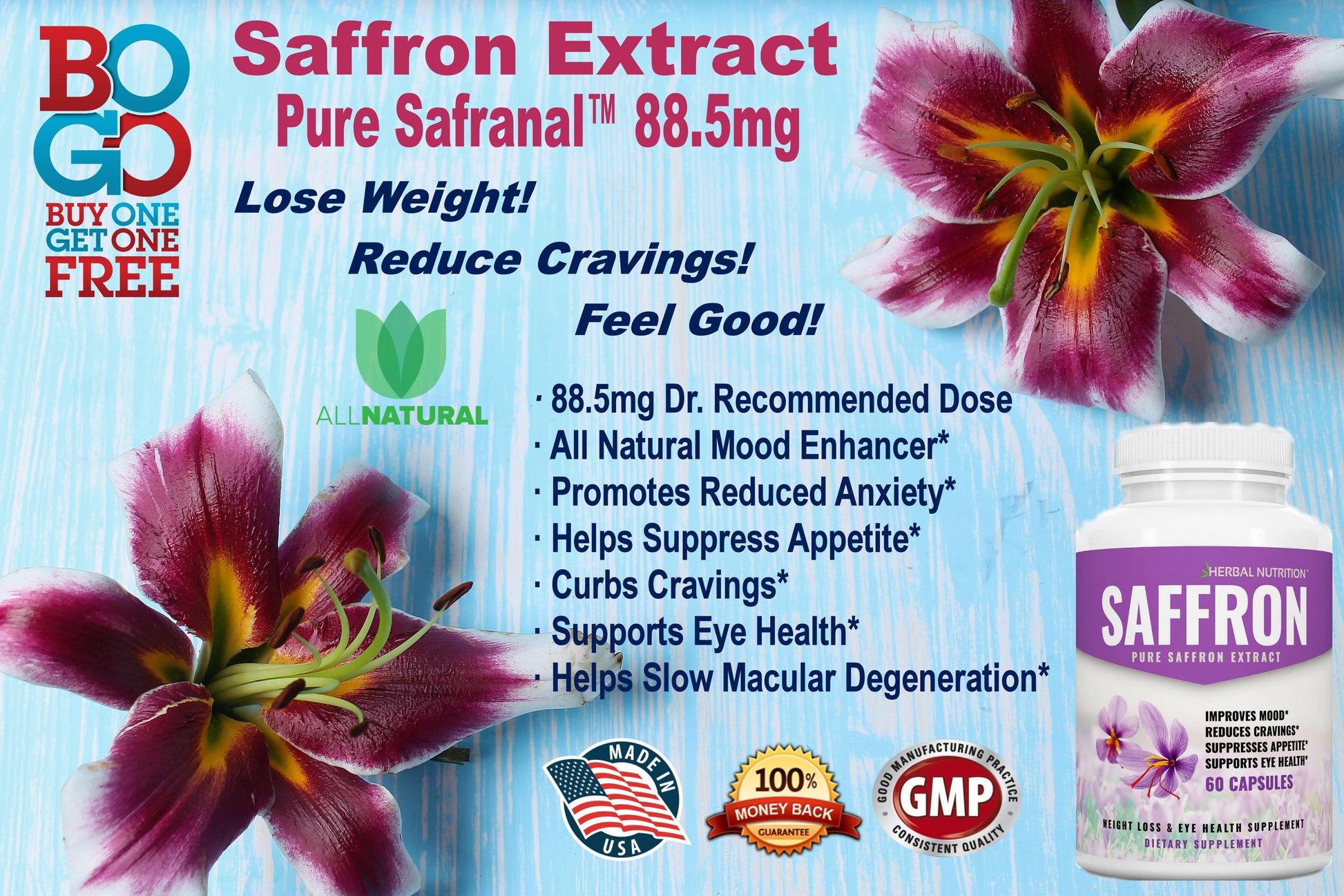 BOGO Sale - Pure Saffron Extract - Two 60 Count Bottles, 88.5Mg per Serving