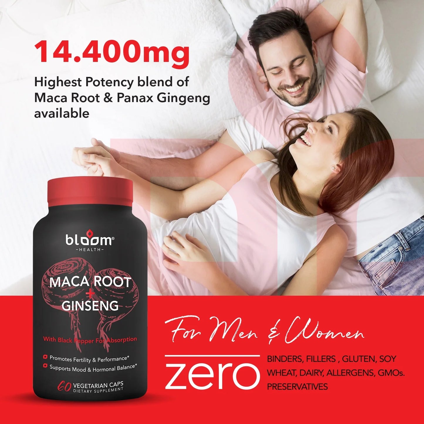 Maca Root + Ginseng Supplement 11400Mg High - Potency 60CT