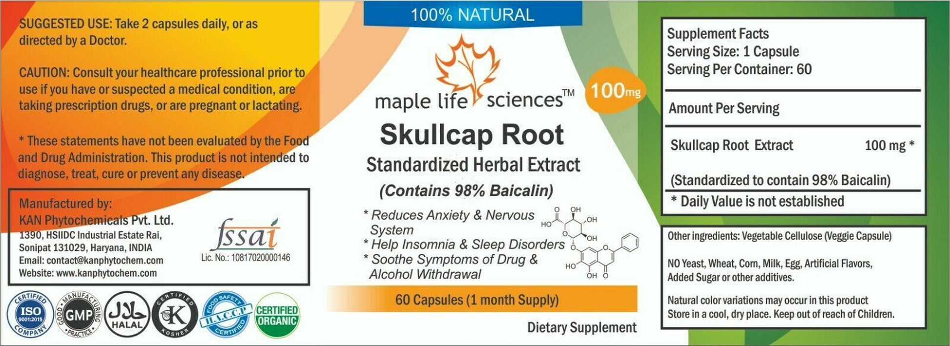 Skullcap Root Extract Capsule (98% Baicalin) Scutellaria Baicalensis Extract