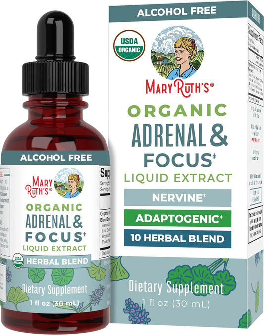 USDA Organic Adrenal & Focus Liquid Drops Astragalus Root Herbal Supplement Vegan, Non-Gmo 1 Fl Oz / 30 Ml