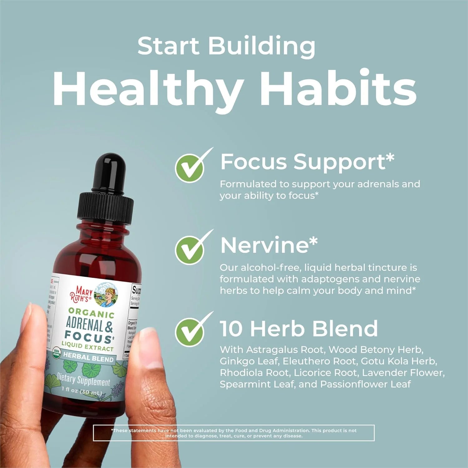 USDA Organic Adrenal & Focus Liquid Drops Astragalus Root Herbal Supplement Vegan, Non-Gmo 1 Fl Oz / 30 Ml