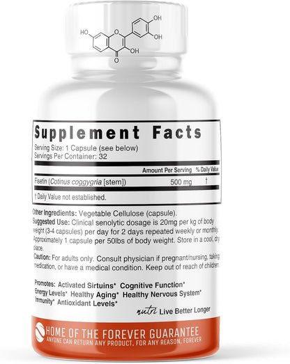 Nutri Fisetin 500Mg 32 Count - Clinical Dosage - Fisetin Supplements - Powerful