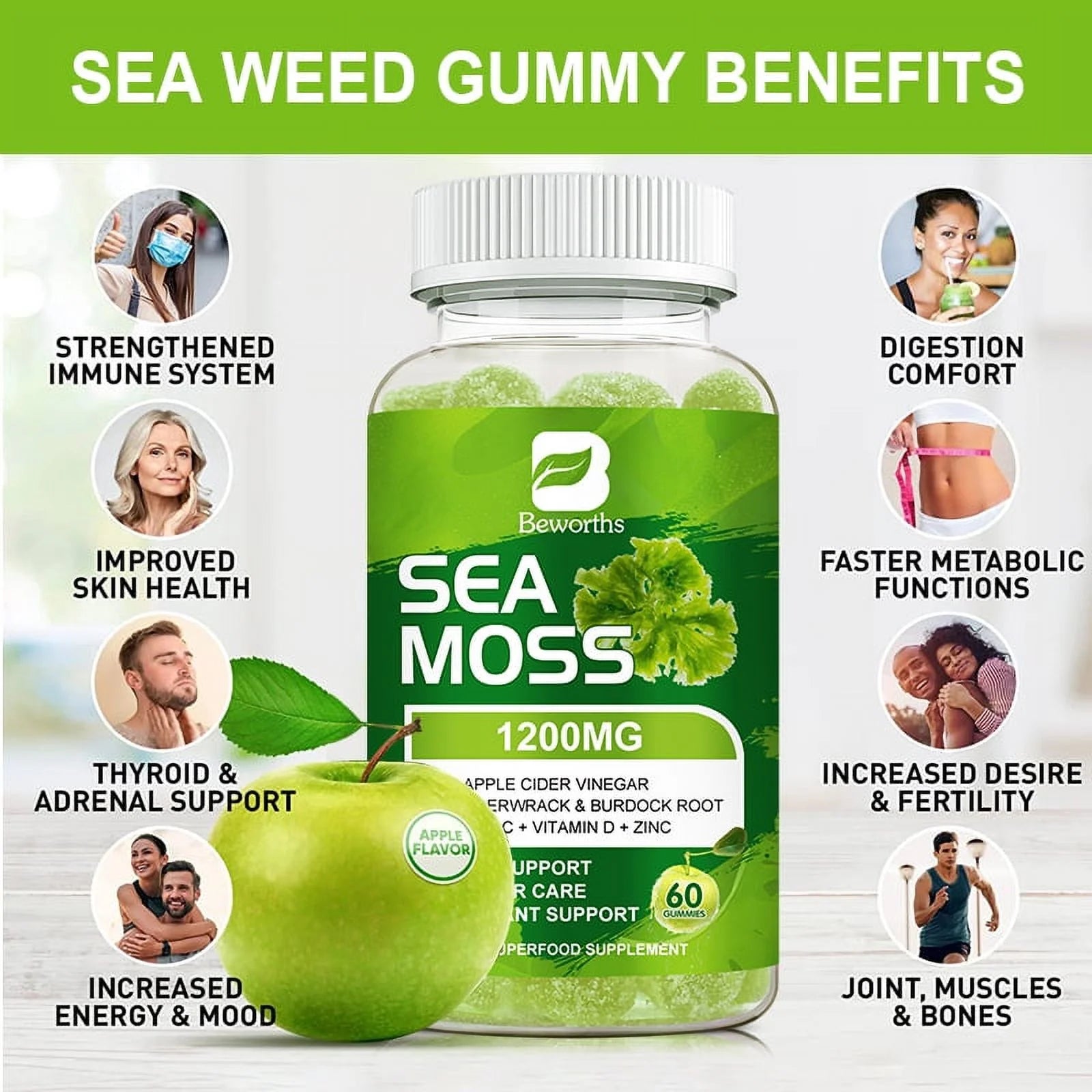 Sea Moss Gummies with Burdock Root + Bladderwrack - Wildcrafted Sea Moss Raw Organic Gummy with Sea Moss - Seamoss Gummies Vegan - 60 Ct