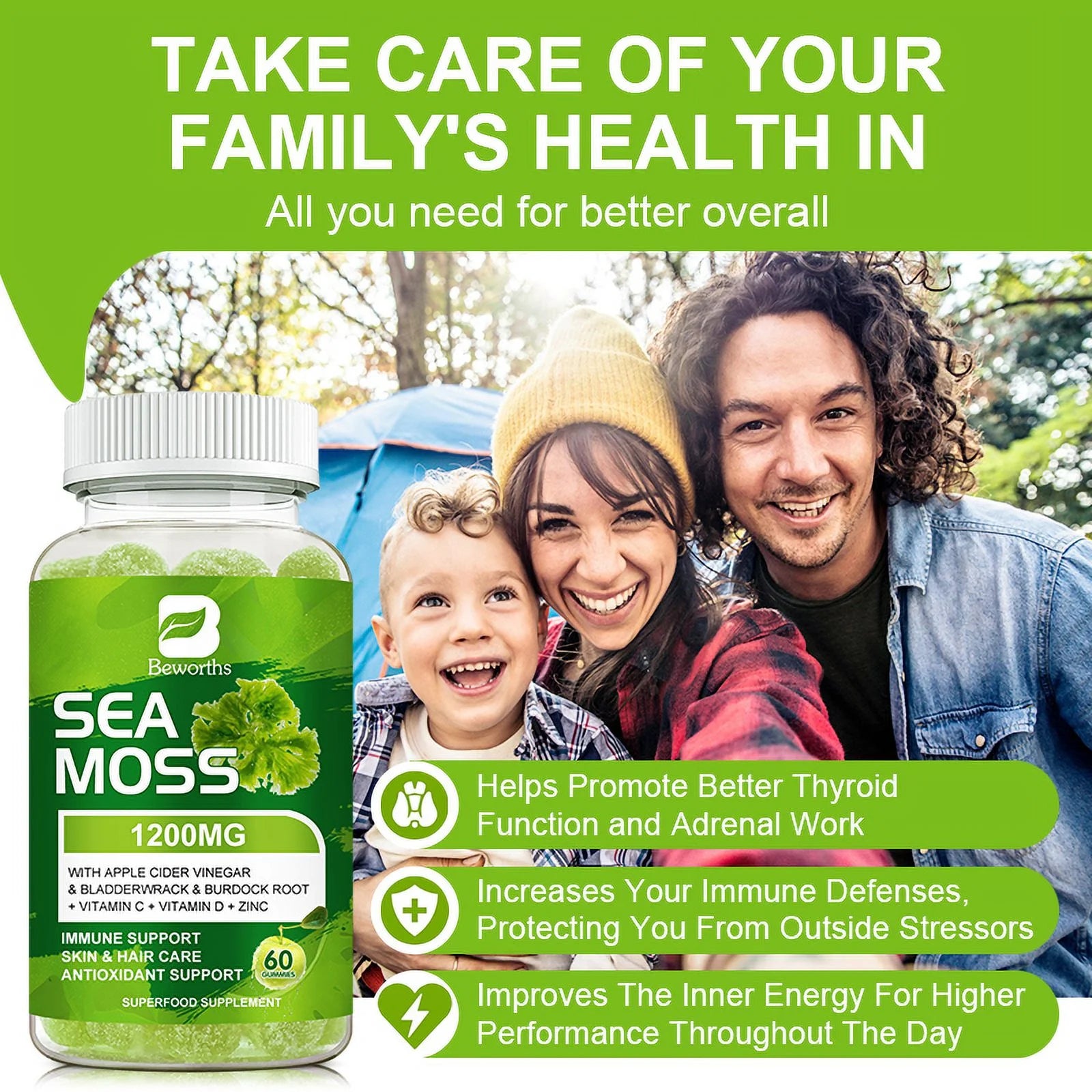 Sea Moss Gummies with Burdock Root + Bladderwrack - Wildcrafted Sea Moss Raw Organic Gummy with Sea Moss - Seamoss Gummies Vegan - 60 Ct